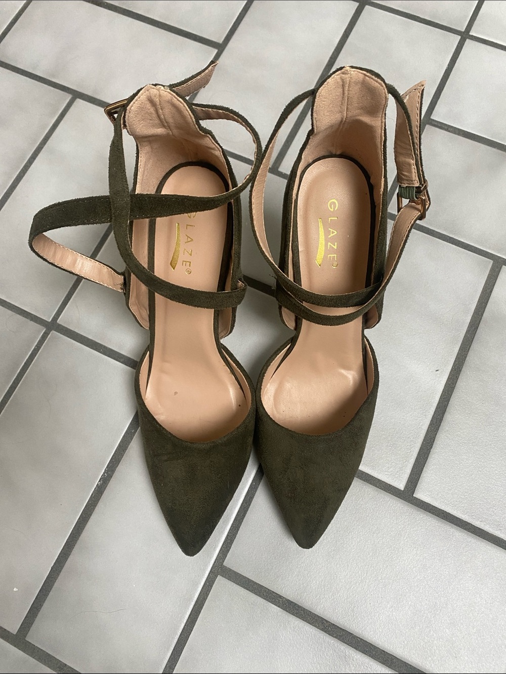 Glaze Olive Suede Pointed-Toe Ankle-Strap Heels